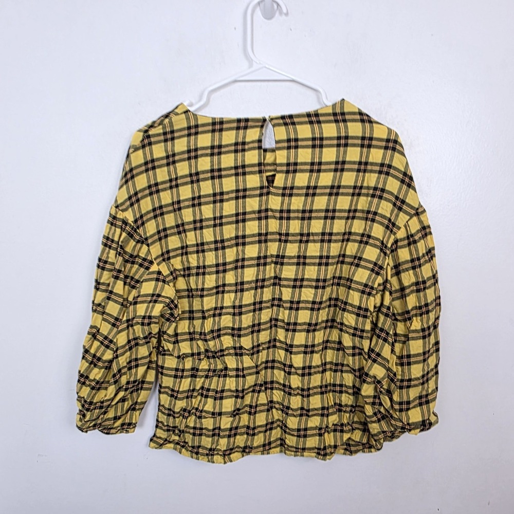 Zara‎ Yellow Black Checked 3/4 Puff Sleeve Preppy Clueless Blouse Size Medium - Picture 6 of 7